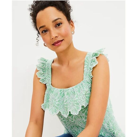 NEW WITH TAGS LOFT Eyelet Ruffle Square Neck Tank Top Blouse Size XL - Picture 3 of 9